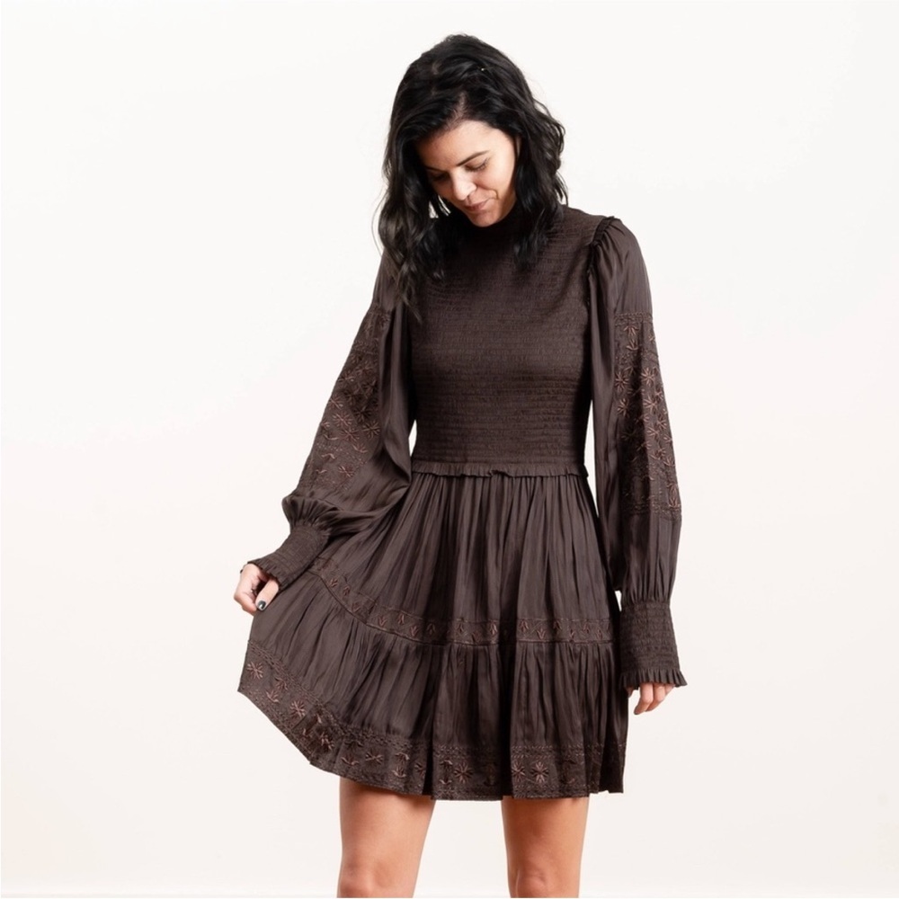 Ulla Johnson Noir Angelica Mock Neck Smocked Mini Dress Size 2 Embroidered Brown